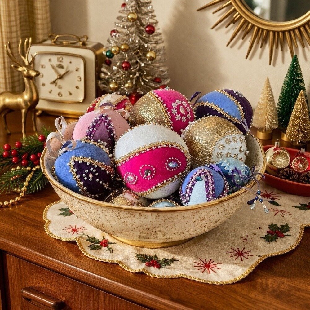Vintage Christmas Push Pin Ornament Lot of 9 LARGE Bulbs Beaded Sequin Velvet